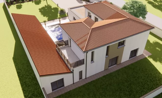 Construction d'une villa moderne en U avec piscine, Veauche, TB Maitrise d'Oeuvre